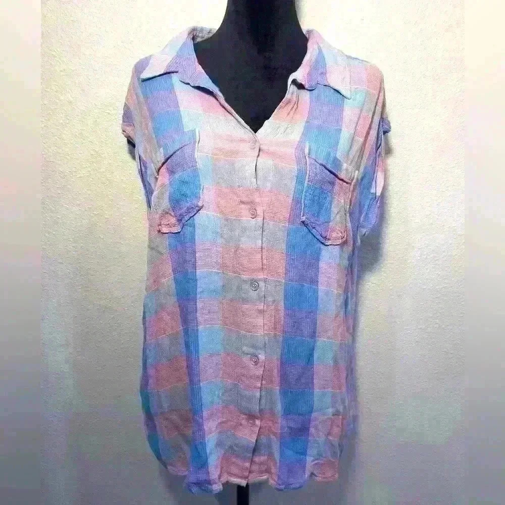 Kut from the Kloth Blue, Pink, and Lavender Plaid Button-Down Top - Size 1X